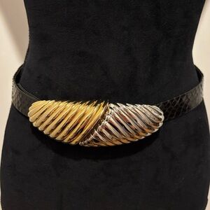 Vintage Alexis Kirk Adjustable Black Lizard Belt Two Tone Metal Clasp Buckle S-M